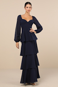 Flawless Excellence Navy Blue Tiered Long Sleeve Maxi Dress 1