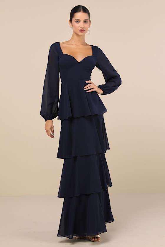 Flawless Excellence Navy Blue Tiered Long Sleeve Maxi Dress 1