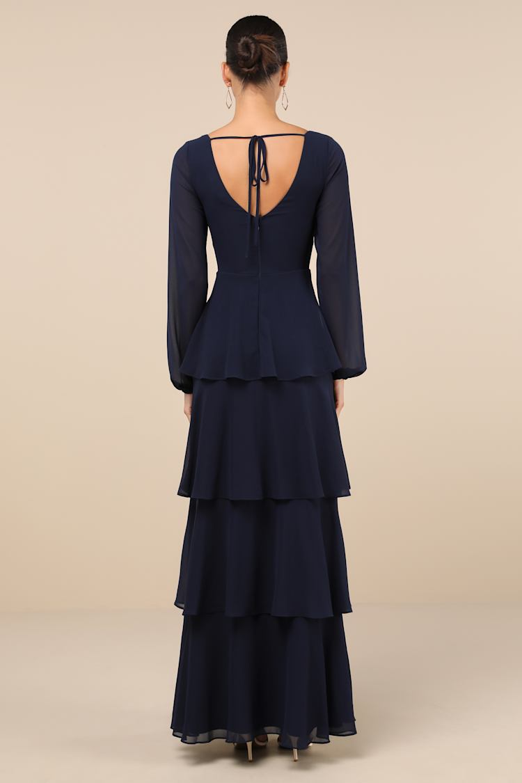 Flawless Excellence Navy Blue Tiered Long Sleeve Maxi Dress