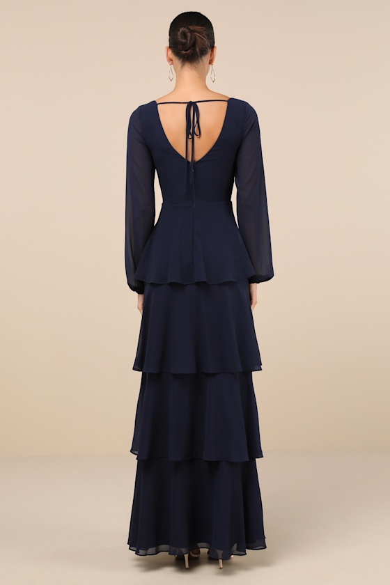 Flawless Excellence Navy Blue Tiered Long Sleeve Maxi Dress 4