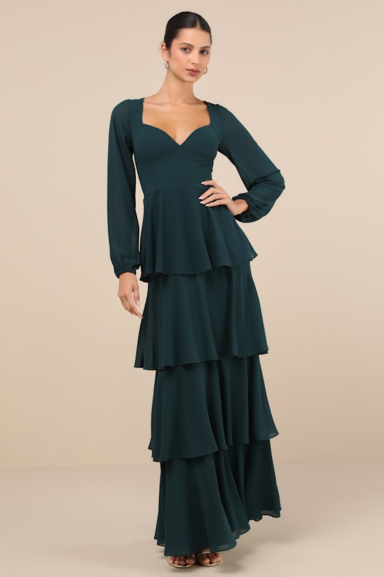 Emerald Maxi Dress - Tiered Backless Dress - Long Sleeve Dress - Lulus