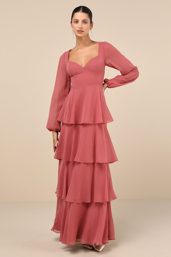 Flawless Excellence Rusty Rose Tiered Long Sleeve Maxi Dress 1