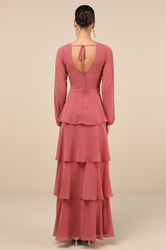 Lulus Flawless Excellence Rusty Rose Tiered Long Sleeve Maxi Dress In Pink