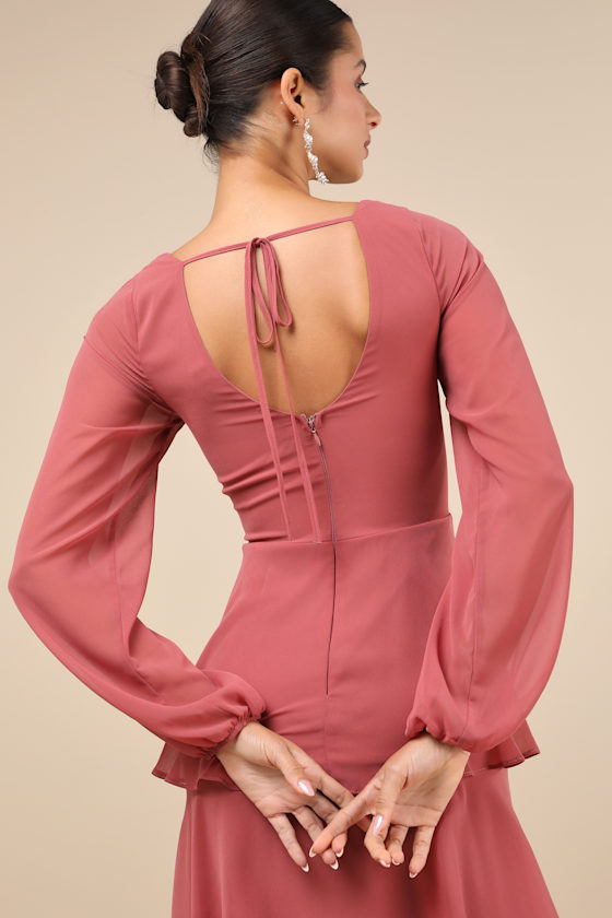 Lulus Flawless Excellence Rusty Rose Tiered Long Sleeve Maxi Dress In Pink