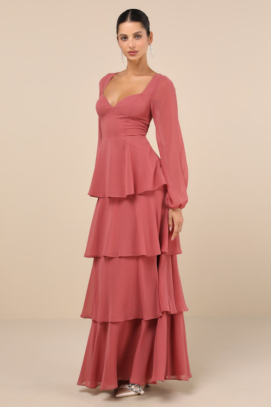 Lulus Flawless Excellence Rusty Rose Tiered Long Sleeve Maxi Dress In Pink