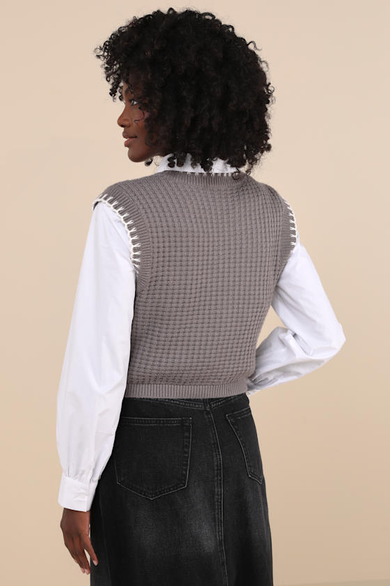 Comfy Poise Grey Embroidered Waffle Knit Sweater Vest