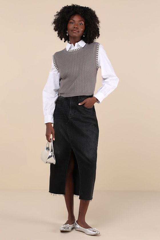 Lulus Comfy Poise Grey Embroidered Waffle Knit Sweater Vest In Grey