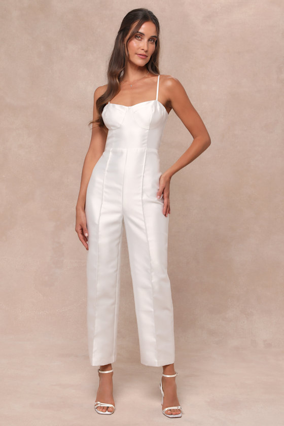 Lulus Contemporary Pose White Taffeta Bustier Sleeveless Jumpsuit In White