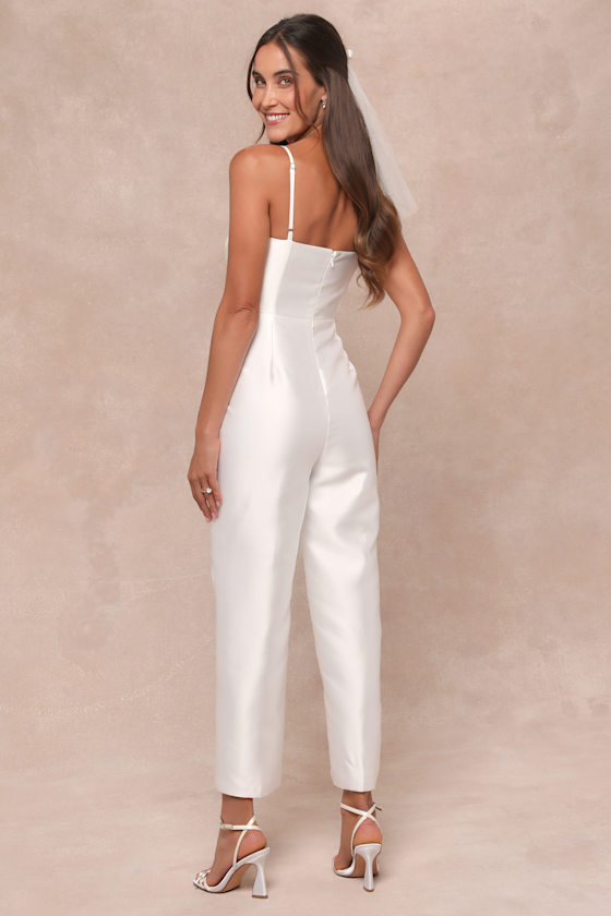 Lulus Contemporary Pose White Taffeta Bustier Sleeveless Jumpsuit In White