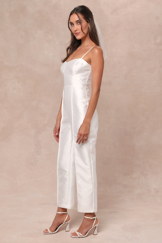 Lulus Contemporary Pose White Taffeta Bustier Sleeveless Jumpsuit In White