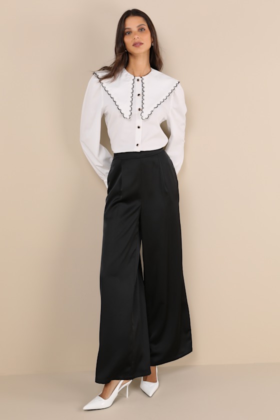 Stunning Chicness Black Satin High-Rise Wide-Leg Pants 1
