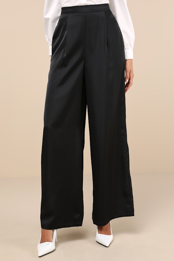 Lulus Stunning Chicness Black Satin High-rise Wide-leg Pants In Black