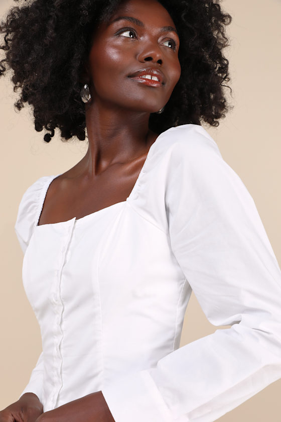 LULUS DEMURE AND SWEET WHITE BUTTON-FRONT LONG SLEEVE TOP