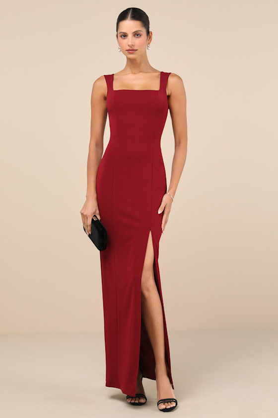 Inspiring Allure Wine Red Square Neck Column Maxi Dress 2