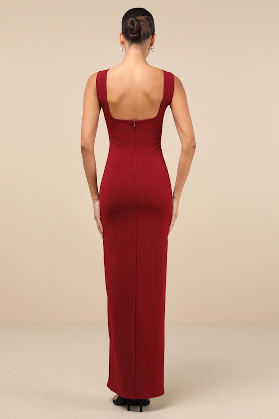 Inspiring Allure Wine Red Square Neck Column Maxi Dress 4