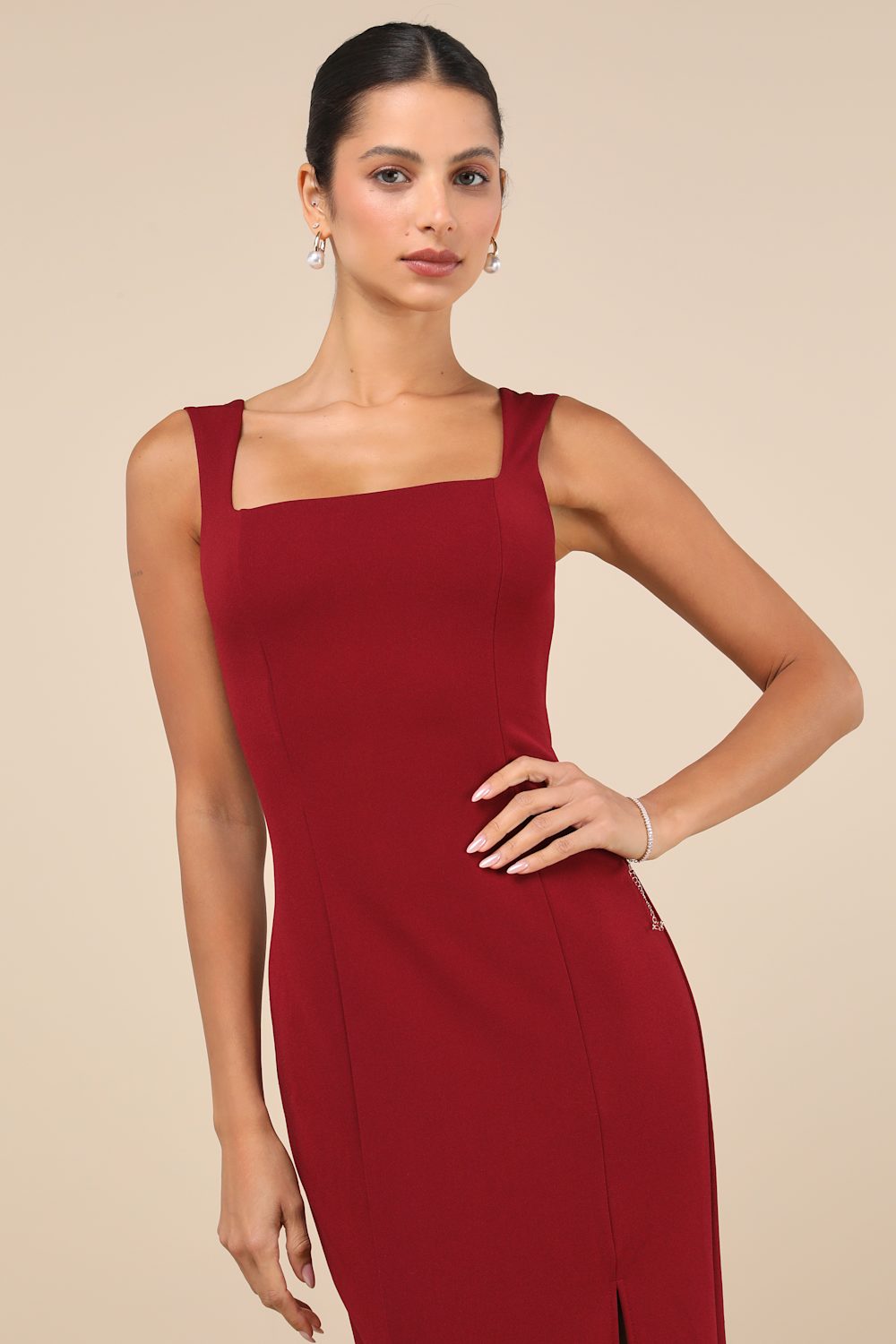 Inspiring Allure Wine Red Square Neck Column Maxi Dress