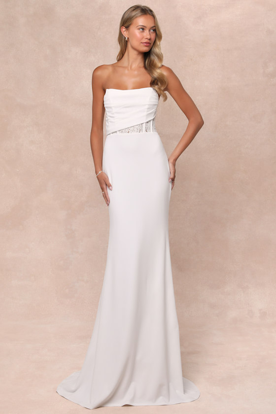 Avowed Adoration White Sheer Lace Pleated Strapless Maxi Dress Avowed Adoration White Sheer Lace Pleated Strapless Maxi Dress