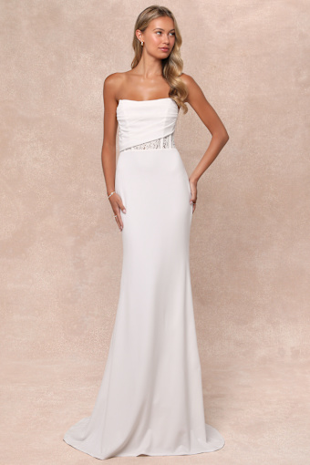 Avowed Adoration White Sheer Lace Pleated Strapless Maxi Dress 3