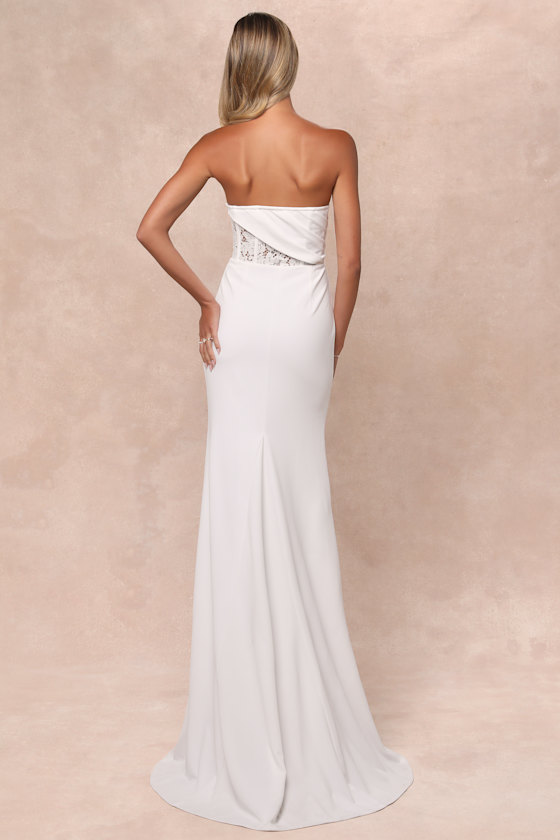 Avowed Adoration White Sheer Lace Pleated Strapless Maxi Dress 4