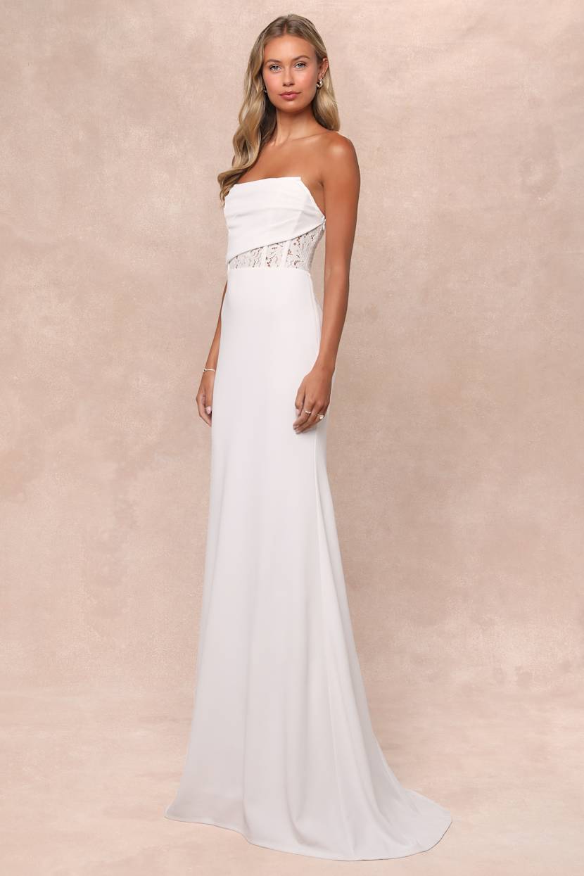 White Sheer Lace Dress - Pleated Strapless Dress - Bridal Dress - Lulus