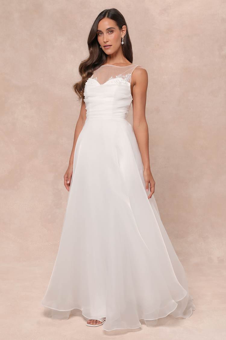 Yours for Eternity White Organza Embroidered Pleated Maxi Dress