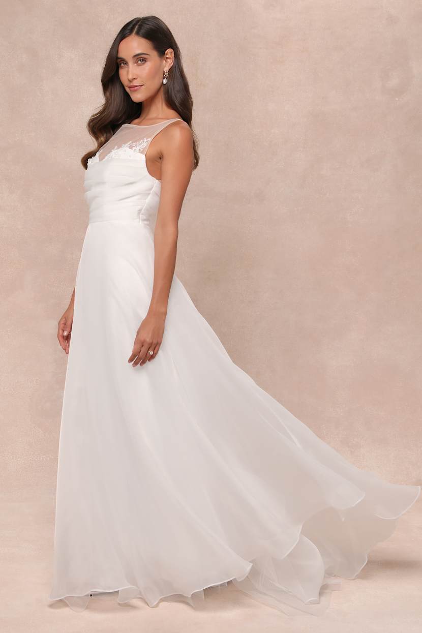 White Organza Maxi Dress - Mesh Dcolletage Dress - Bridal Dress - Lulus