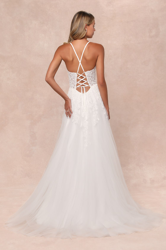 Lulus Glorious Luxury White Sheer Tulle Embroidered Beaded Maxi Dress In White