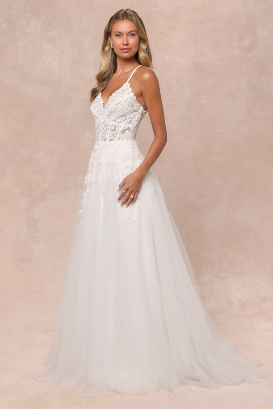 Lulus Glorious Luxury White Sheer Tulle Embroidered Beaded Maxi Dress In White
