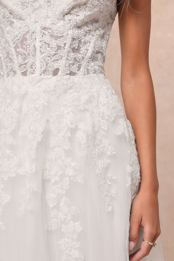 Lulus Glorious Luxury White Sheer Tulle Embroidered Beaded Maxi Dress In White