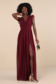 Gorgeous Goal Burgundy Pleated Backless Surplice Maxi Dress 1