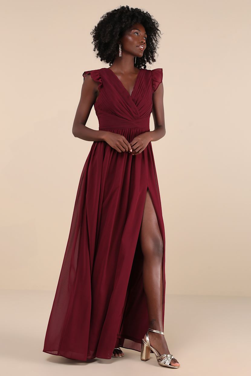 Gorgeous Goal Burgundy Pleated Backless Surplice Maxi Dress