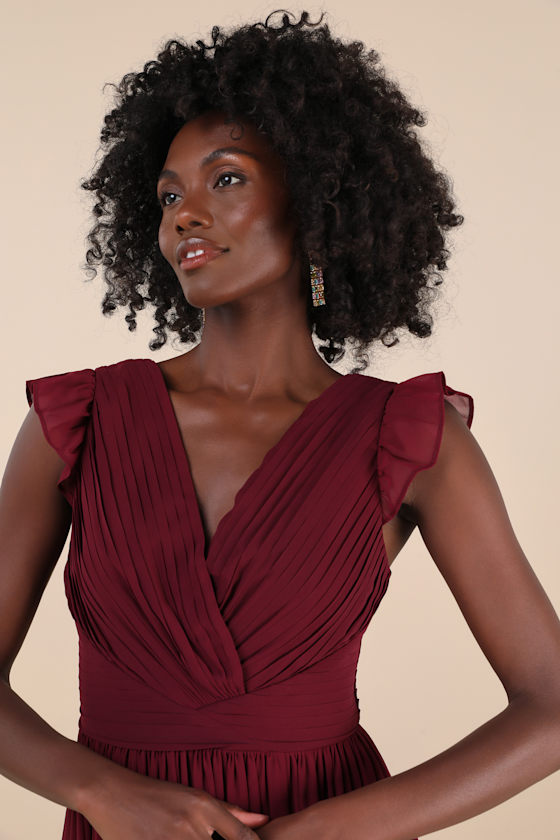 Lulus Gorgeous Goal Burgundy Pleated Backless Surplice Maxi Dress In Burgundy