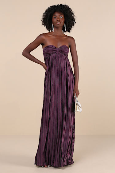 Whimsical Beauty Dark Purple Satin Plisse Strapless Maxi Dress