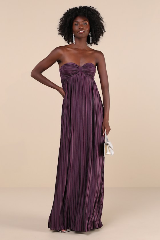Whimsical Beauty Dark Purple Satin Plisse Strapless Maxi Dress 1