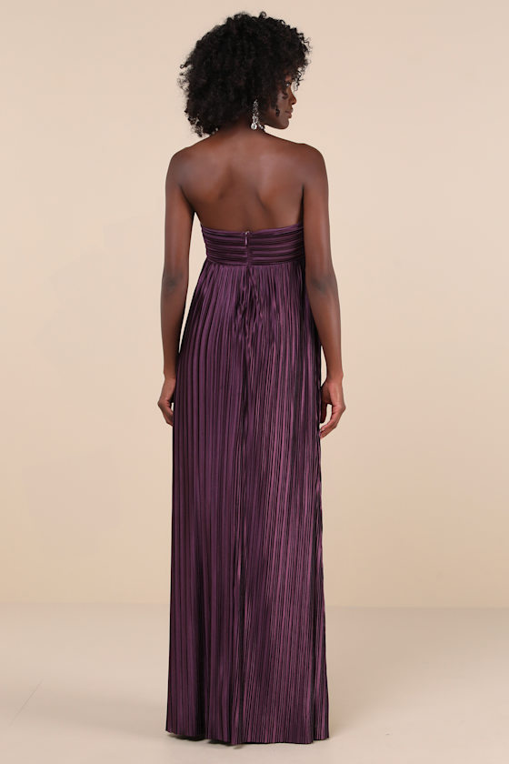 Lulus Whimsical Beauty Dark Purple Satin Plisse Strapless Maxi Dress In Purple