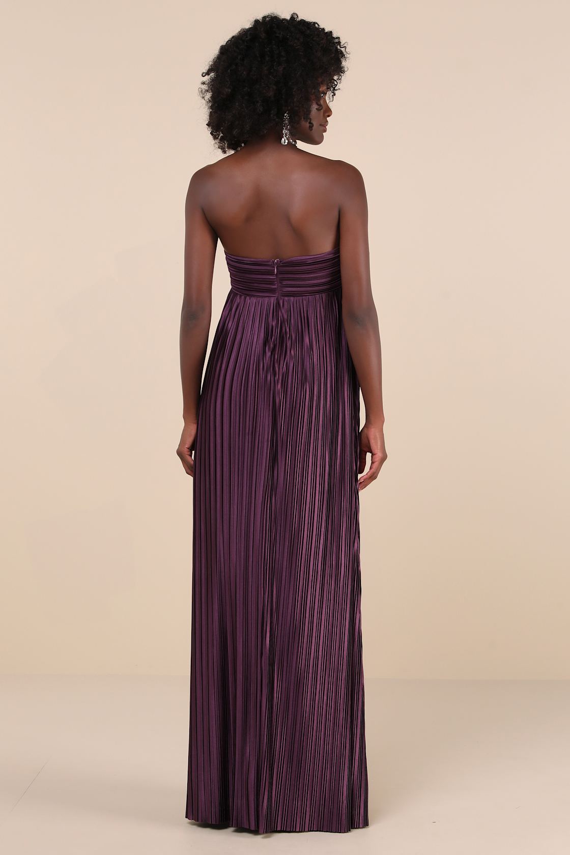 Whimsical Beauty Dark Purple Satin Plisse Strapless Maxi Dress