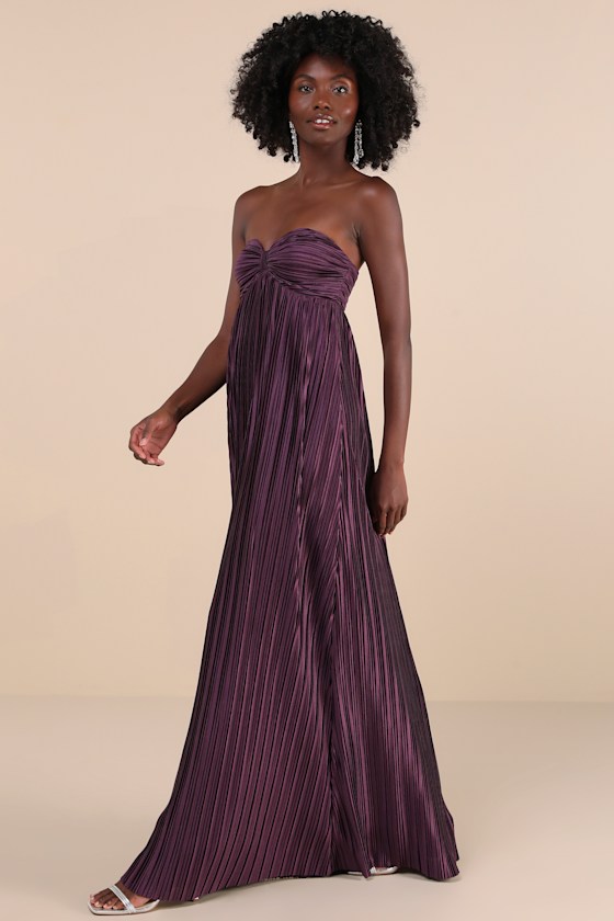 Lulus Whimsical Beauty Dark Purple Satin Plisse Strapless Maxi Dress In Purple