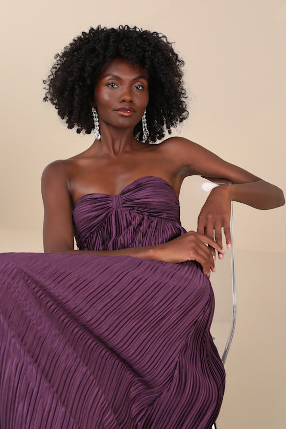 Lulus Whimsical Beauty Dark Purple Satin Plisse Strapless Maxi Dress In Purple