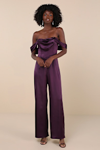 Unbelievable Aura Dark Purple Satin Off-the-Shoulder Jumpsuit 4