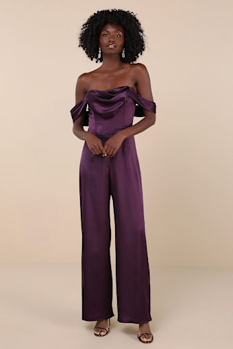 Unbelievable Aura Dark Purple Satin Off-the-Shoulder Jumpsuit 4