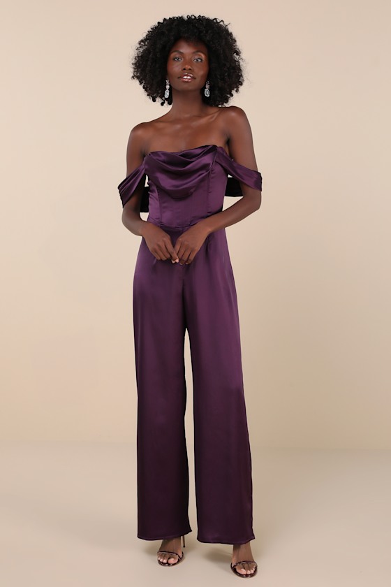 Unbelievable Aura Dark Purple Satin Off-the-Shoulder Jumpsuit 4