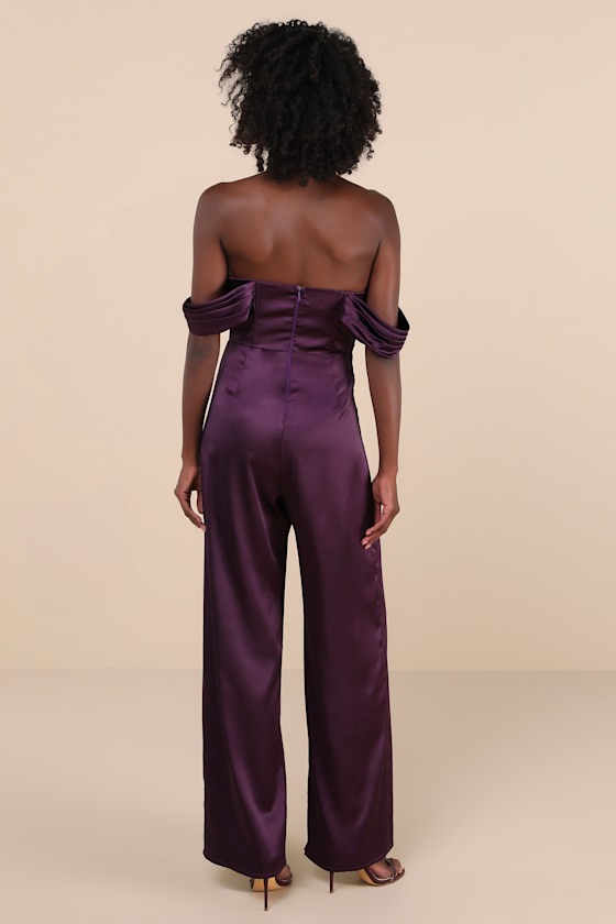 Unbelievable Aura Dark Purple Satin Off-the-Shoulder Jumpsuit 1