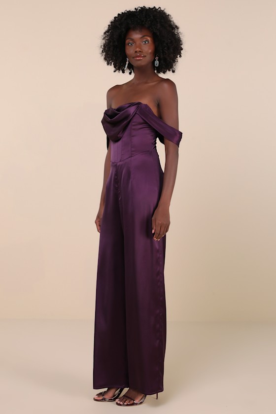 Lulus Unbelievable Aura Dark Purple Satin Off-the-shoulder Jumpsuit In Purple