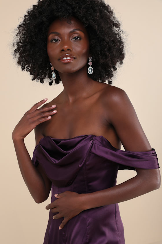 Lulus Unbelievable Aura Dark Purple Satin Off-the-shoulder Jumpsuit In Purple