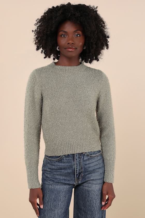 Enviably Cozy Sage Green Boucle Knit Crew Neck Pullover Sweater 3