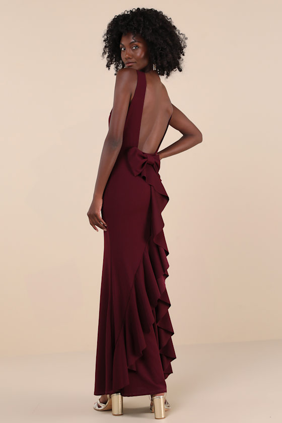 Exquisite Refinement Plum Purple Backless Bow Ruffled Maxi Dress 1