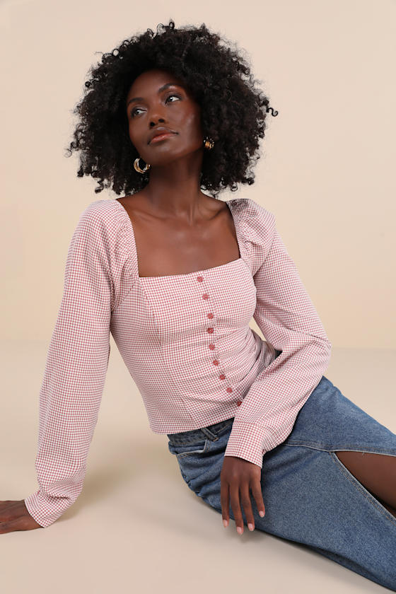 LULUS DEMURE AND SWEET TERRACOTTA GINGHAM BUTTON-FRONT LONG SLEEVE TOP