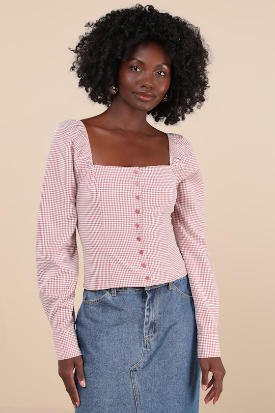 LULUS DEMURE AND SWEET TERRACOTTA GINGHAM BUTTON-FRONT LONG SLEEVE TOP