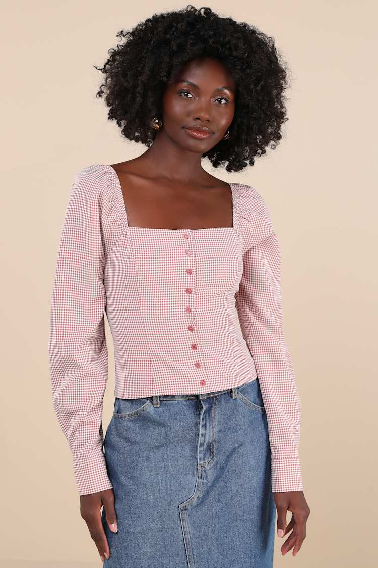 Demure and Sweet Terracotta Gingham Button-Front Long Sleeve Top
