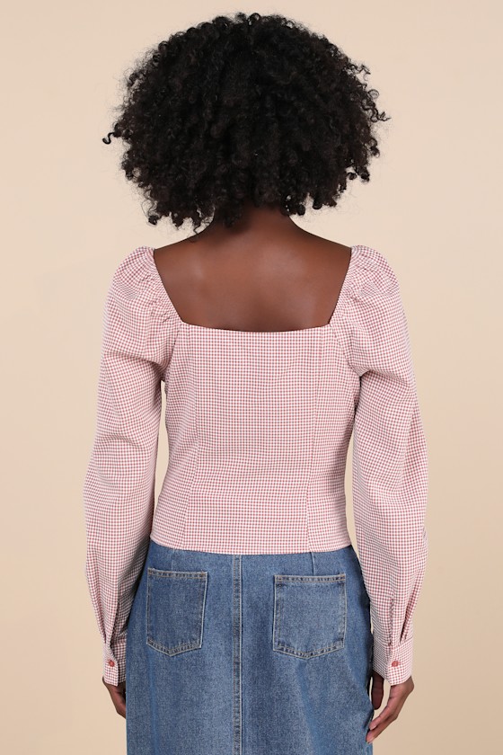 LULUS DEMURE AND SWEET TERRACOTTA GINGHAM BUTTON-FRONT LONG SLEEVE TOP